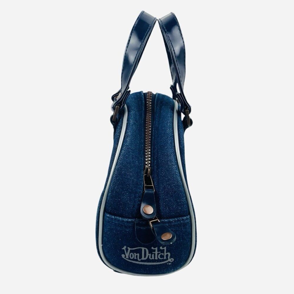 RARE Vintage 2000s Von Dutch Denim Mini Bowling Bag Purse Y2K White Trim Logo - Picture 2 of 13